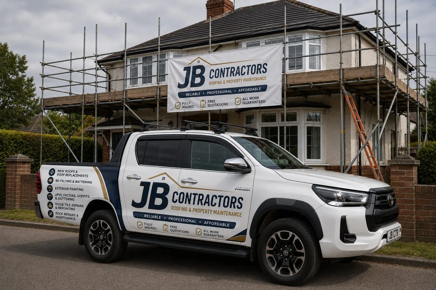 Torquay Roofing pickup truck on site at a scaffolded roofing job in Torquay